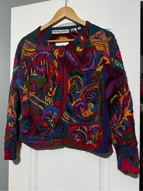 Michael Simon Multicolor Abstract Knit Cardigan with Red and Purple Accents